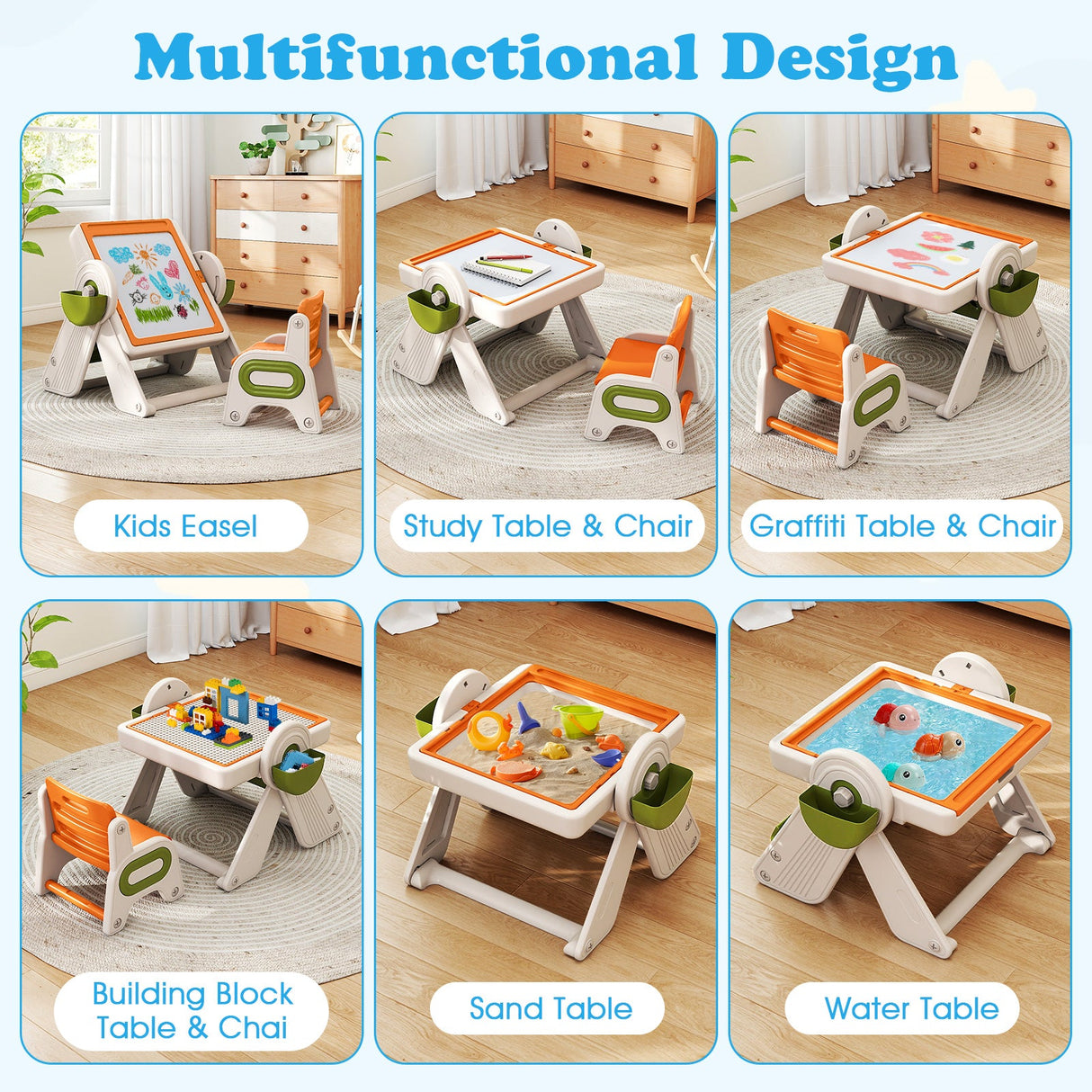 Mesa y silla infantil multiactividad 6 en 1 con caballete de arte plegable