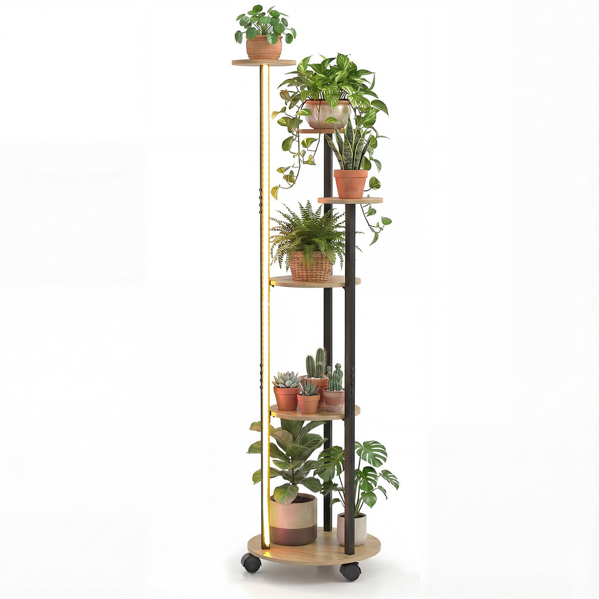Estantería de 6 niveles para plantas con luz RGB y ruedas, 145 cm de altura, expositor interior para macetas