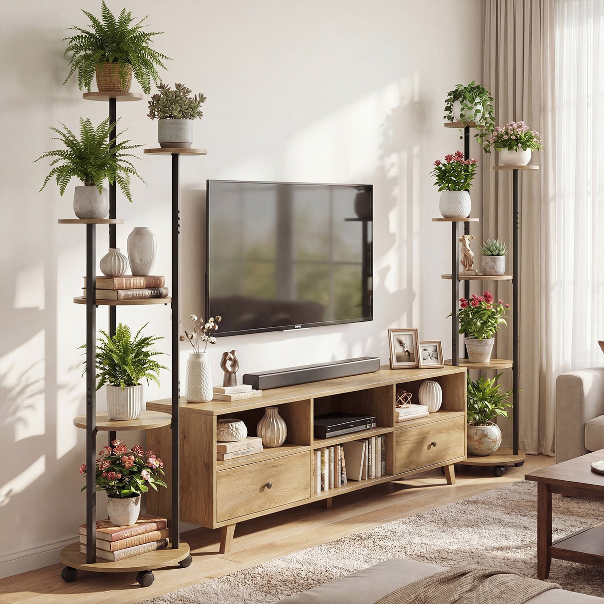 Estantería de 6 niveles para plantas con luz RGB y ruedas, 145 cm de altura, expositor interior para macetas
