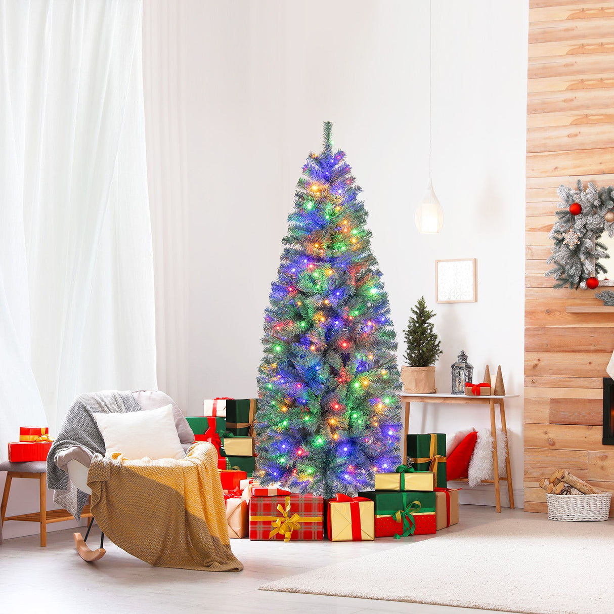 Árbol de Navidad artificial azul preiluminado delgado con 9 modos de iluminación