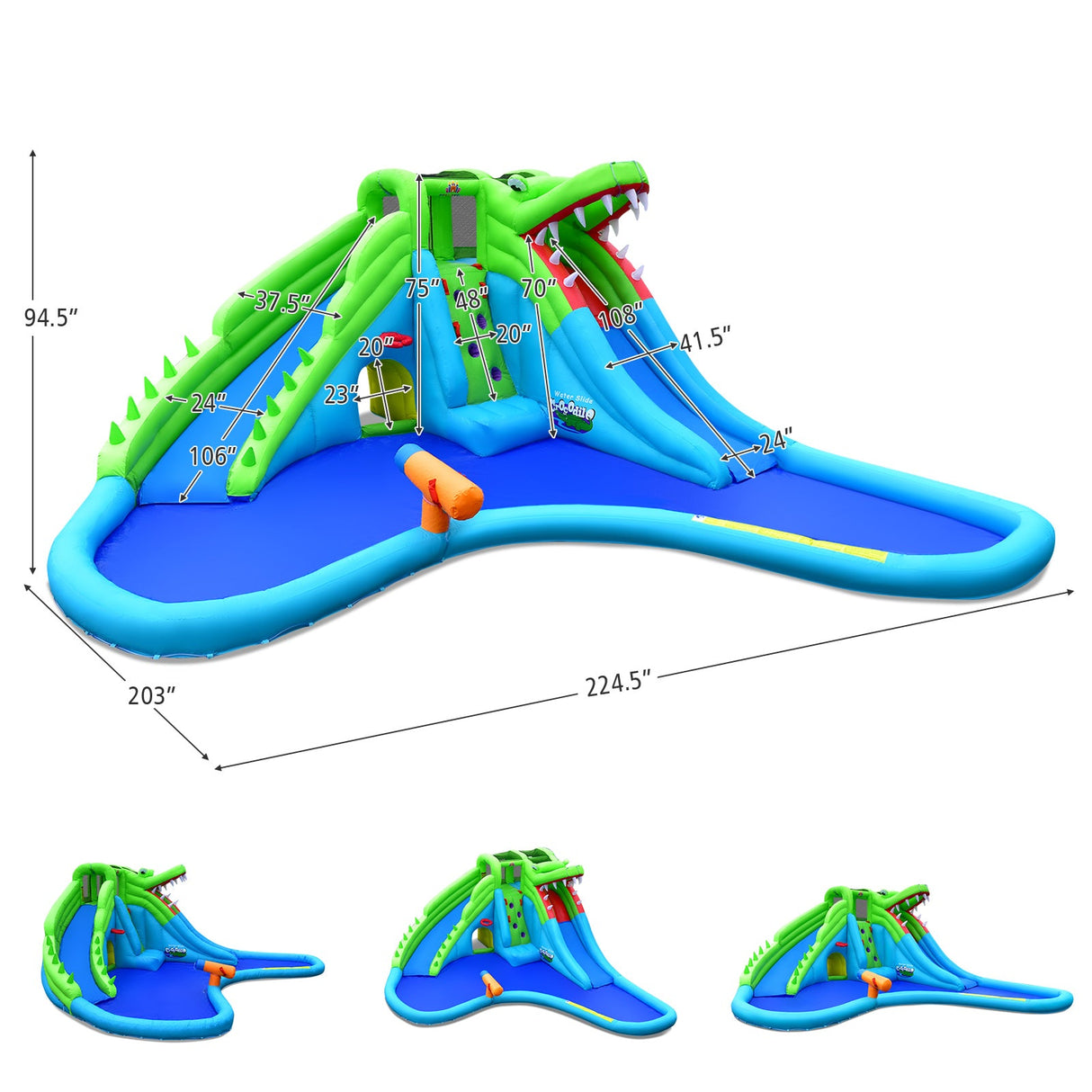 Inflatable Crocodile Style Water Slide Upgraded Kids Bounce Castle with 680W Blower