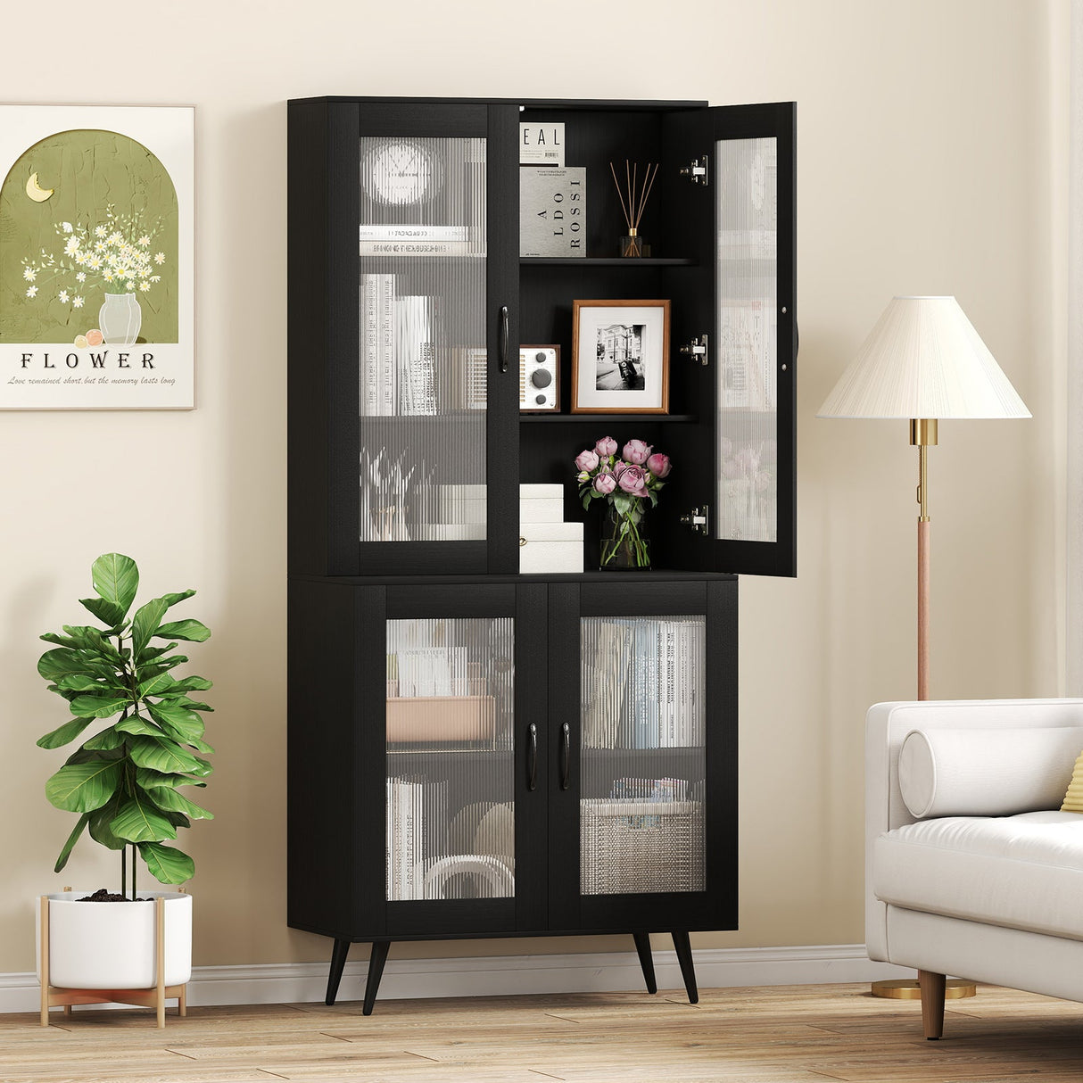 Alacena de cocina alta de 70.5 pulgadas con 4 puertas transparentes