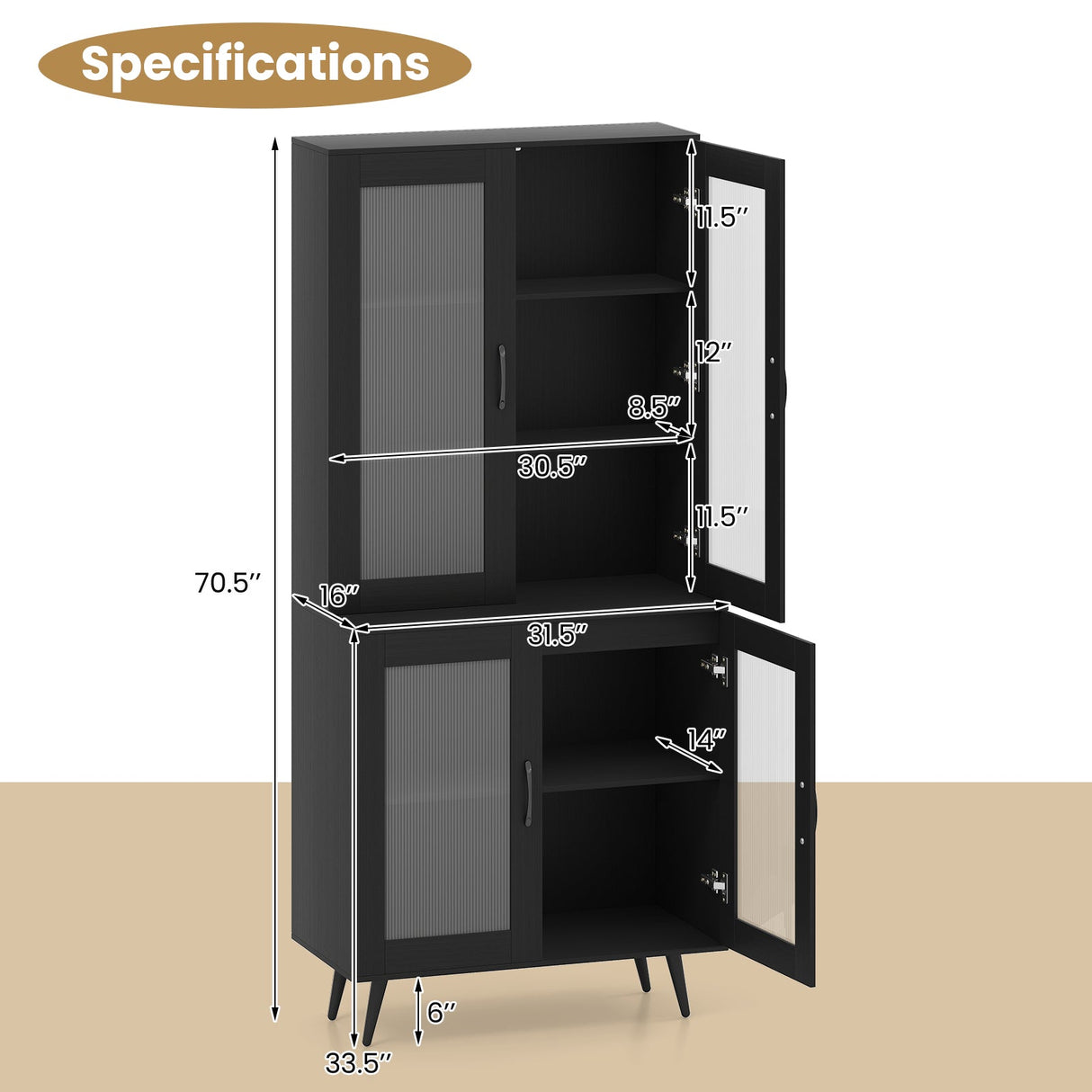 Alacena de cocina alta de 70.5 pulgadas con 4 puertas transparentes