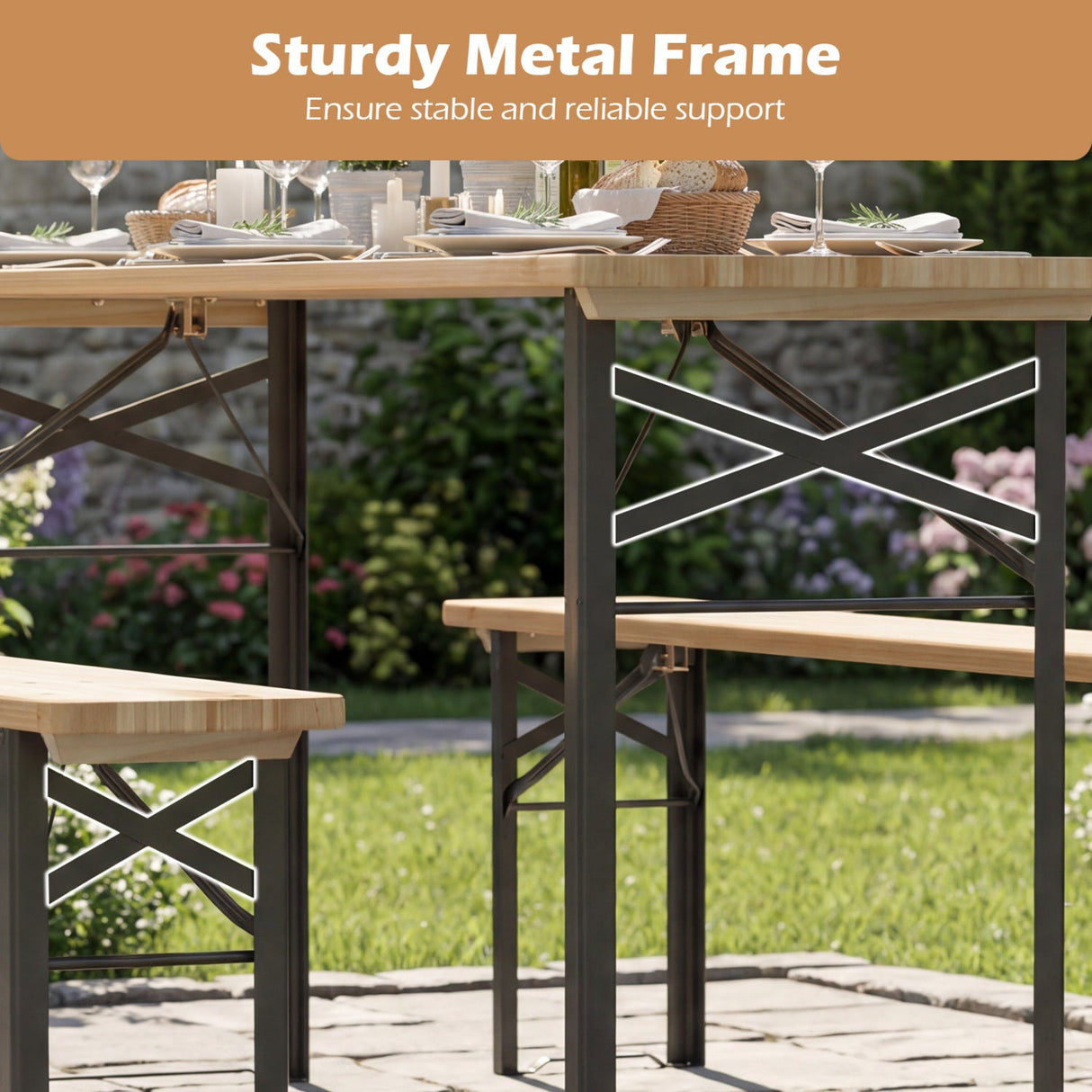 Mesa de Picnic Plegable de 3 Piezas de 70 Pulgadas con Bancos para 6 Personas, Madera de Abeto, Portátil, Mesa de Camping Bear-Negra