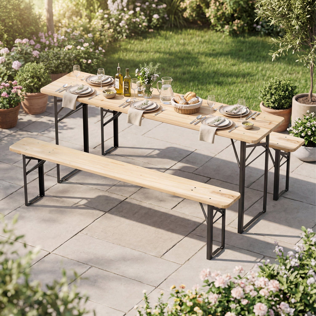 Mesa de Picnic Plegable de 3 Piezas de 70 Pulgadas con Bancos para 6 Personas, Madera de Abeto, Portátil, Mesa de Camping Bear-Negra
