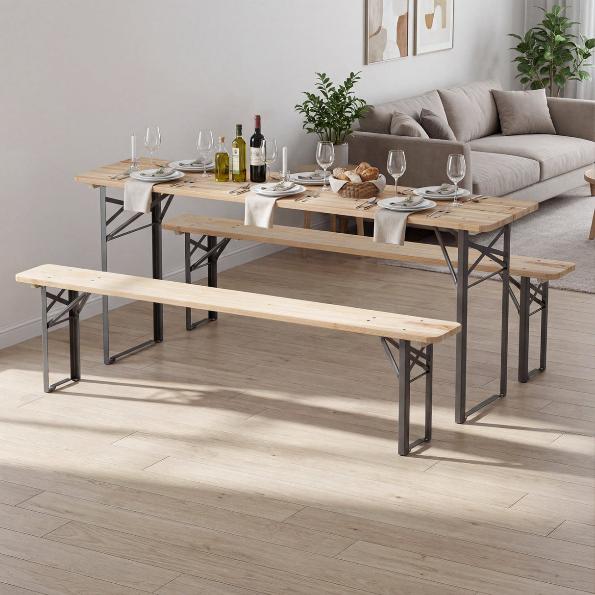 Mesa de Picnic Plegable de 3 Piezas de 70 Pulgadas con Bancos para 6 Personas, Madera de Abeto, Portátil, Mesa de Camping Bear-Negra