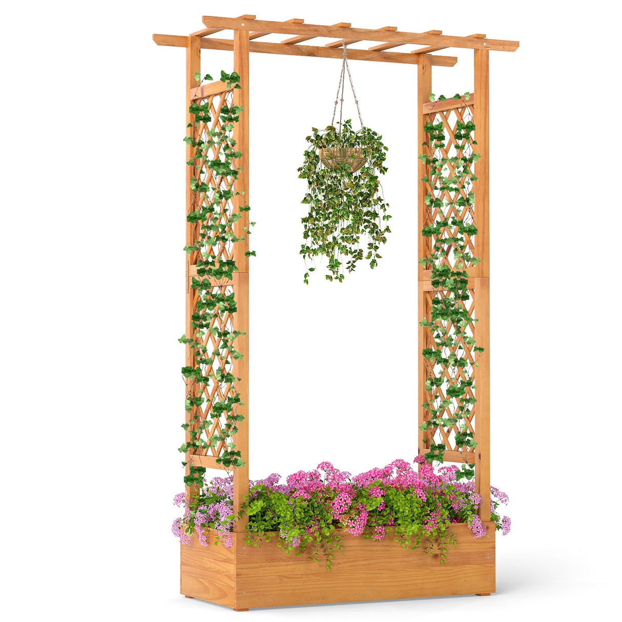Macetero elevado de madera con celosía, 70 pulgadas, natural