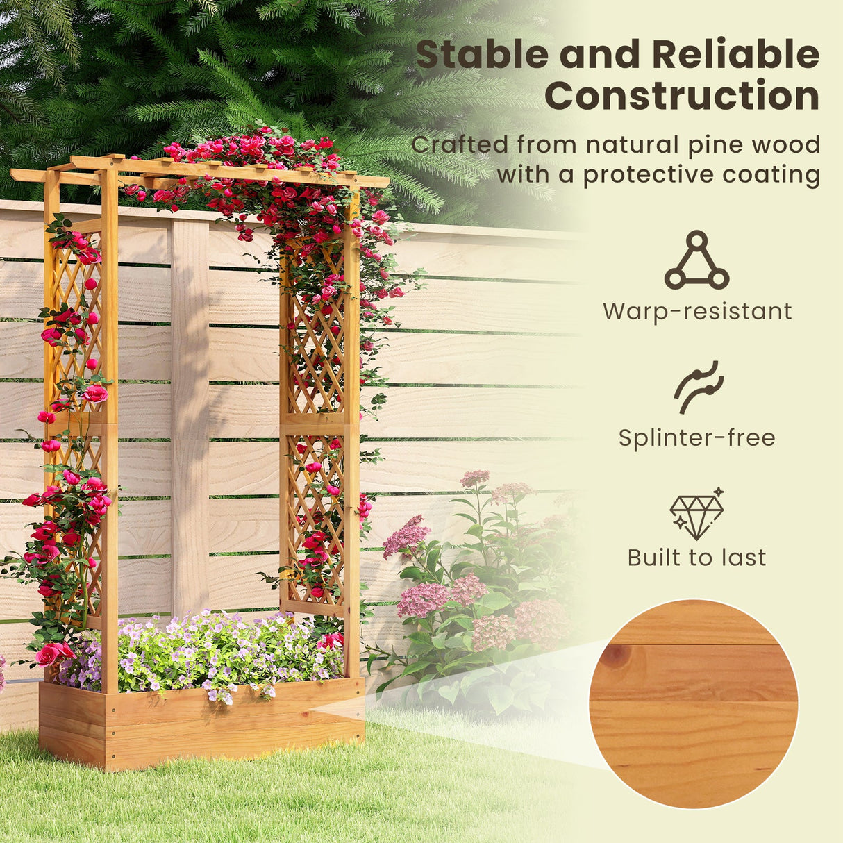 Macetero elevado de madera con celosía, 70 pulgadas, natural