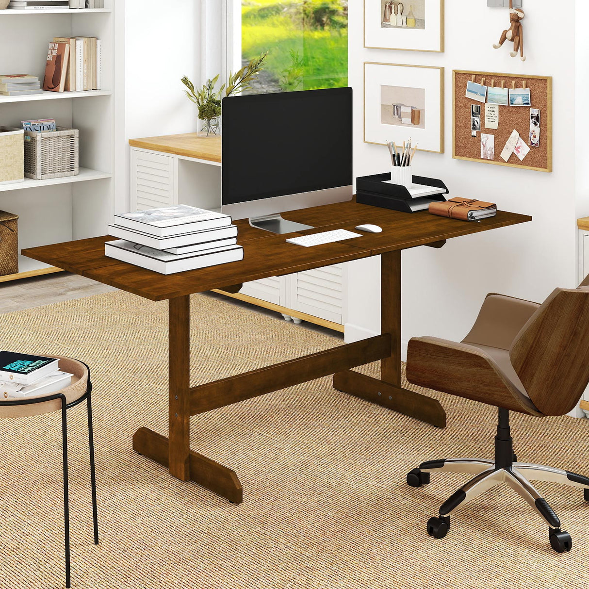Mesa de Comedor de Granja de 71 Pulgadas, Mesa de Cocina de Madera para 6-8 Personas con Patas de Madera de Caucho-Nogal
