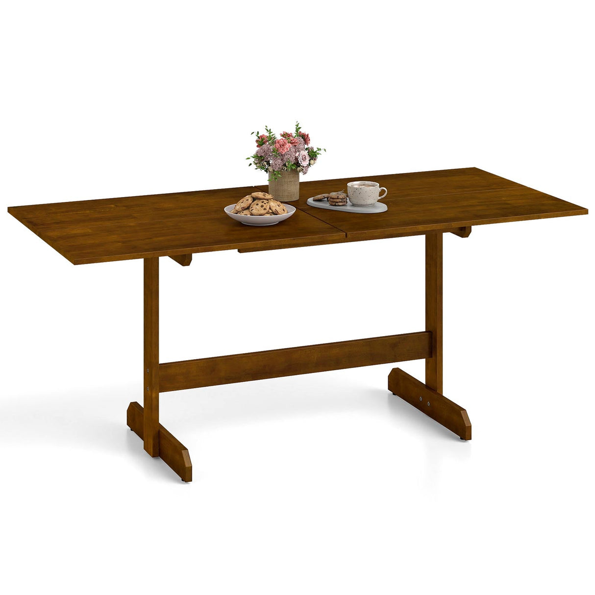 Mesa de Comedor de Granja de 71 Pulgadas, Mesa de Cocina de Madera para 6-8 Personas con Patas de Madera de Caucho-Nogal