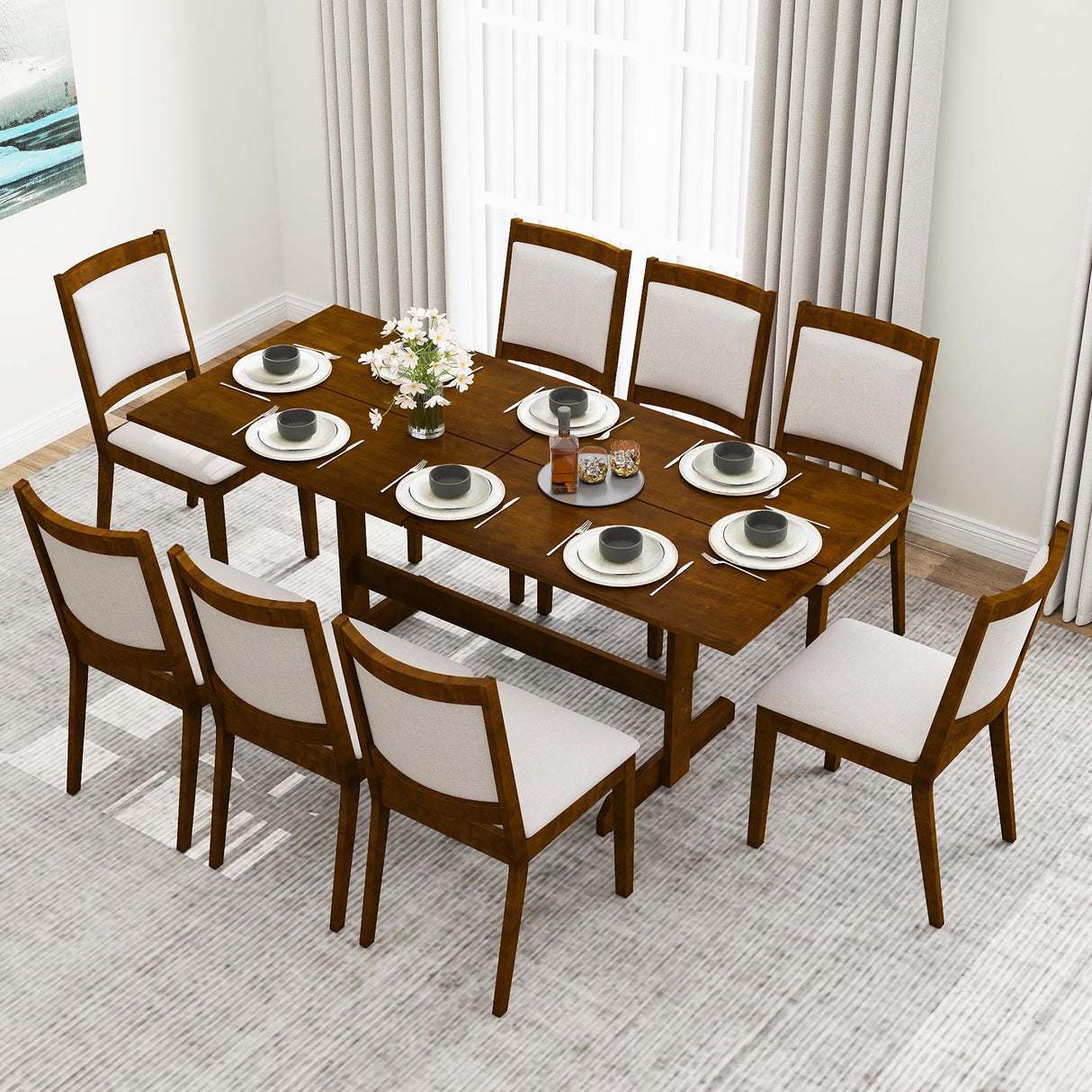 Mesa de Comedor de Granja de 71 Pulgadas, Mesa de Cocina de Madera para 6-8 Personas con Patas de Madera de Caucho-Nogal