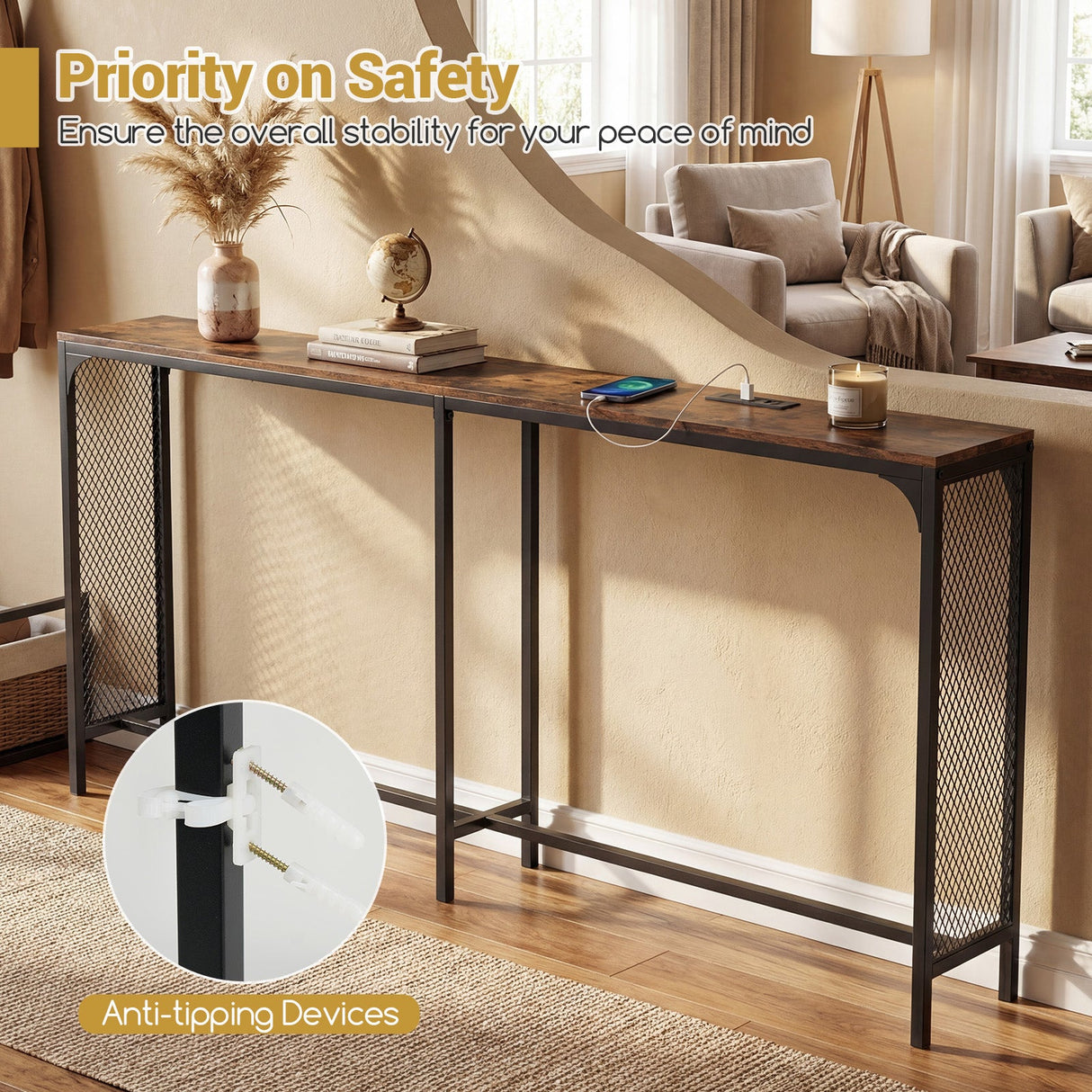 71 Inch Narrow Console Table with Power Outlet for Small Space