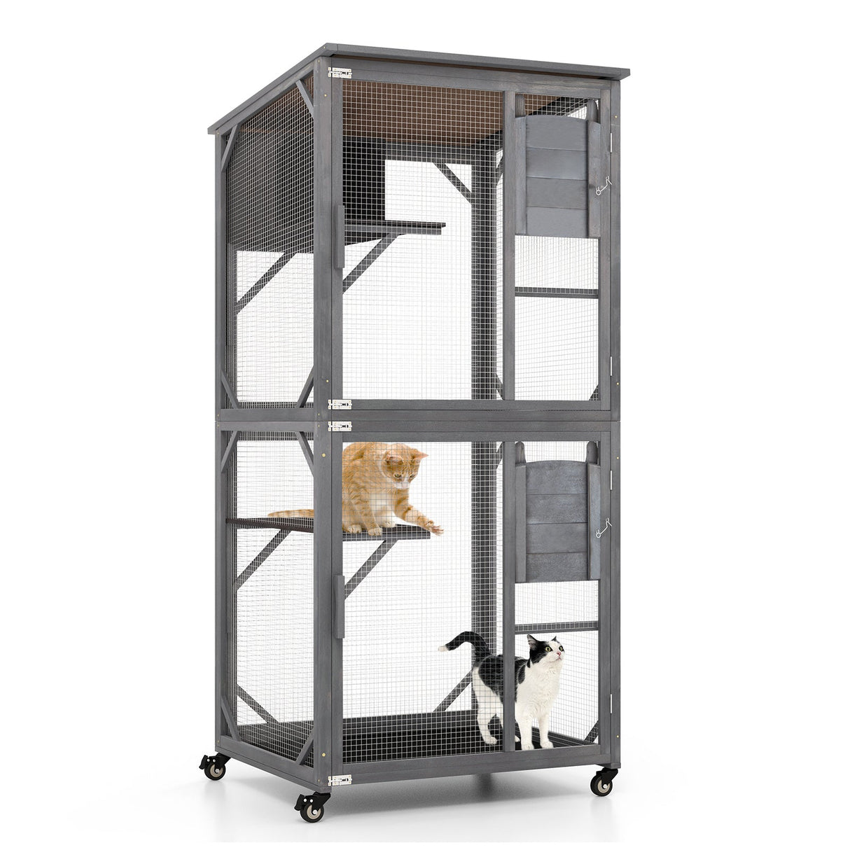 Casa de Madera para Gatos de 72 Pulgadas de Alto con Techo de Asfalto Resistente a la Intemperie - Gris