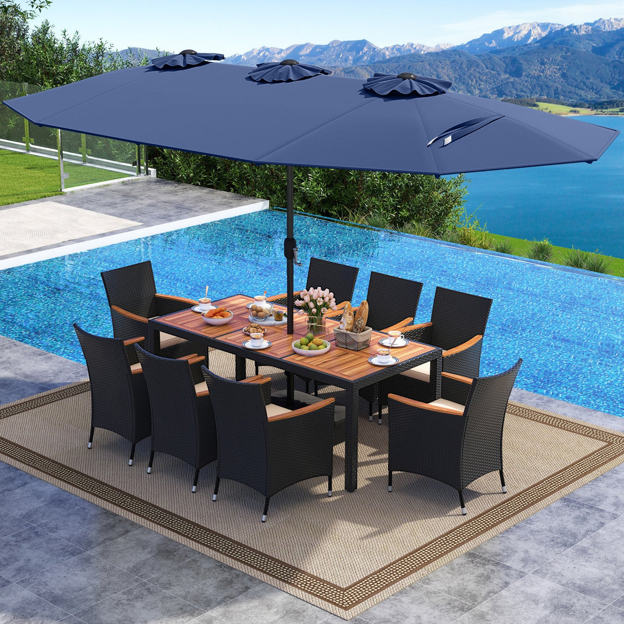 Juego de comedor para exteriores de 10 piezas con sombrilla doble de 4.5 metros