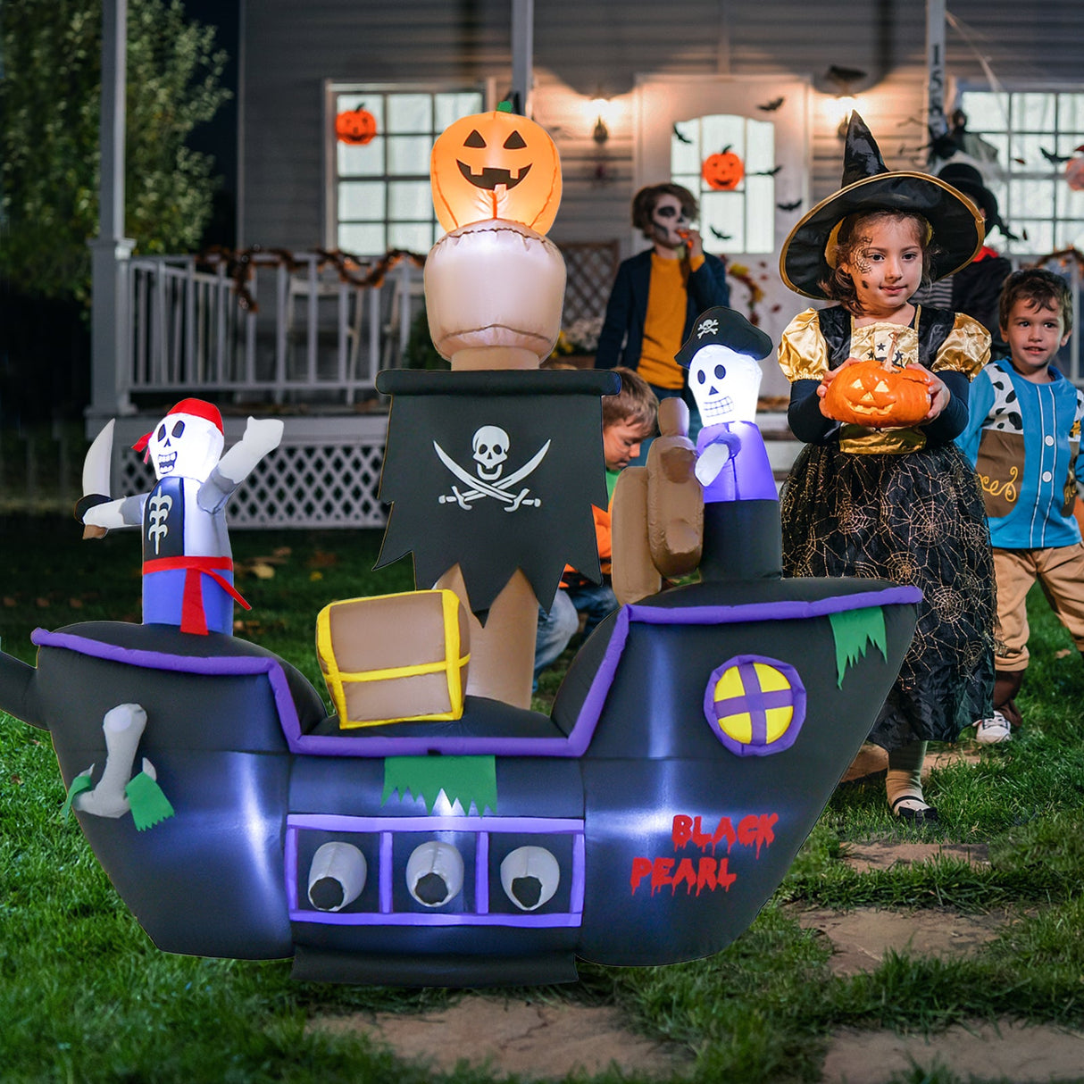 Barco Pirata Inflable de Halloween de 7 Pies de Largo con Luces LED y Soplador