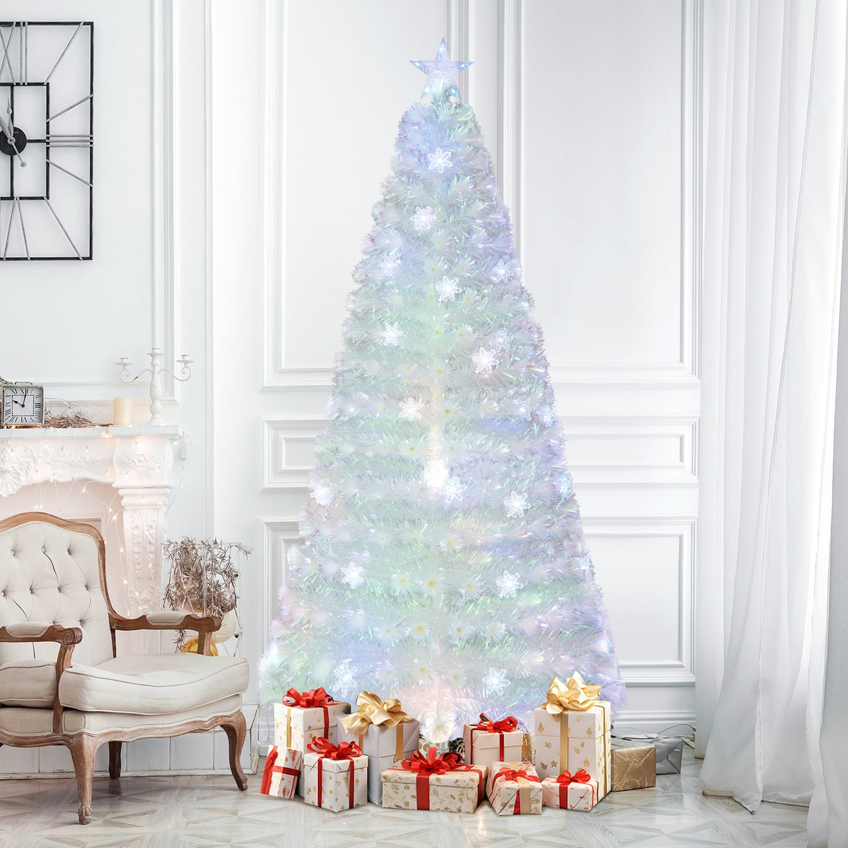 Árbol de Navidad Artificial Blanco Prelit de 5/6/7 pies con Hojas Iridiscentes