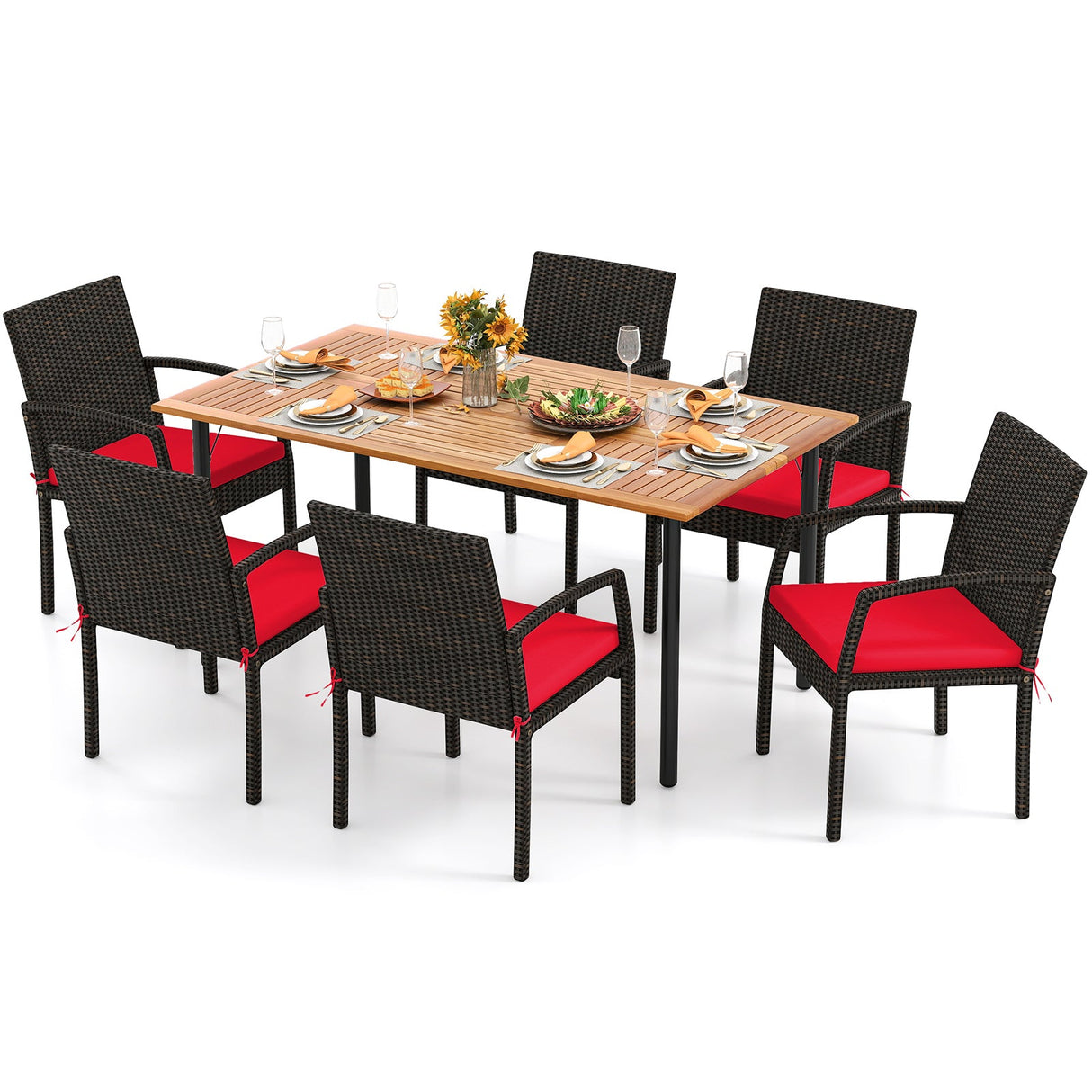 Juego de comedor de exterior de 7 piezas de madera de acacia con mesa con orificio para sombrilla y cojines