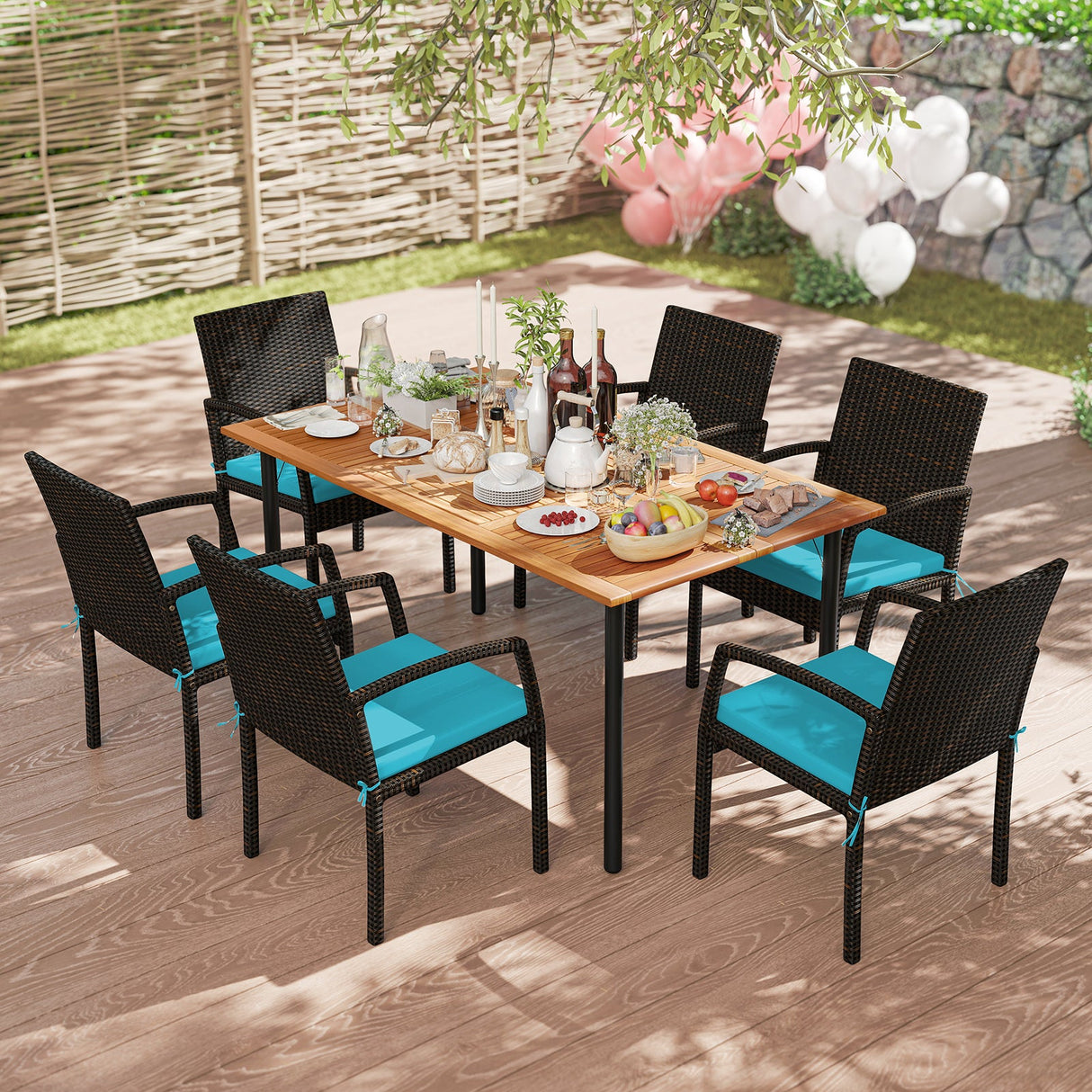Juego de comedor de exterior de 7 piezas de madera de acacia con mesa con orificio para sombrilla y cojines
