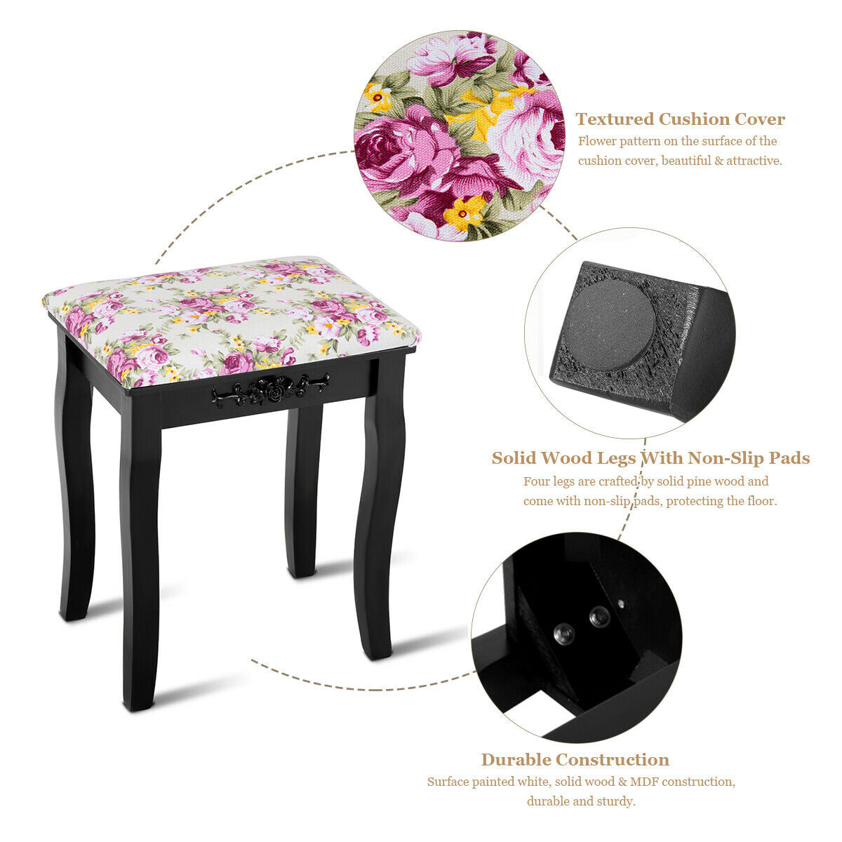 Taburete tocador de madera, asiento de piano acolchado con cojín de rosas