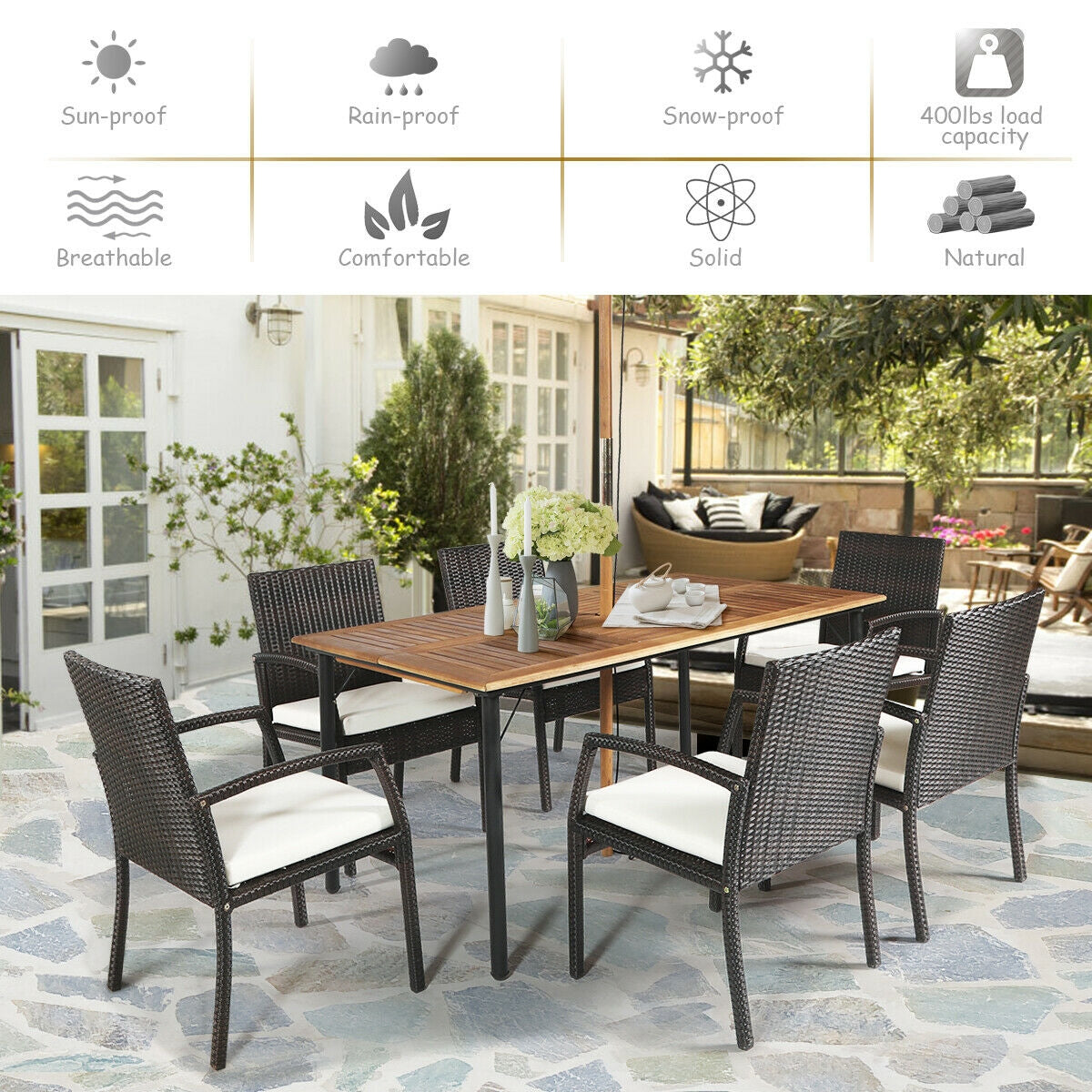 Juego de comedor de ratán acolchado de 7 piezas para patio con agujero para sombrilla