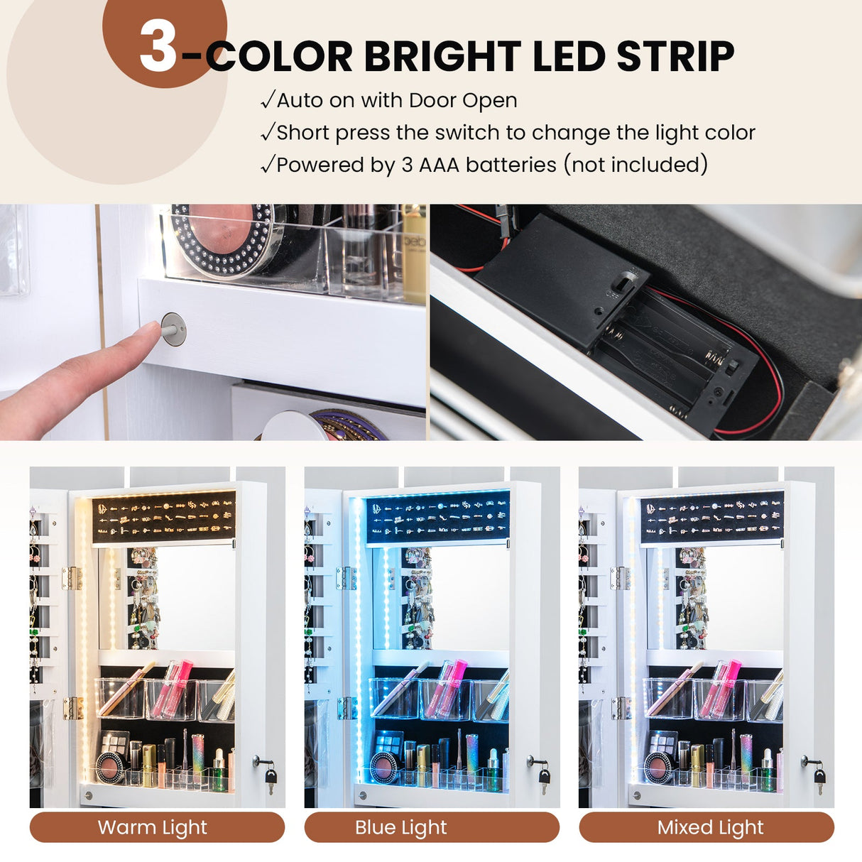 Joyero de pared con luces de 3 colores