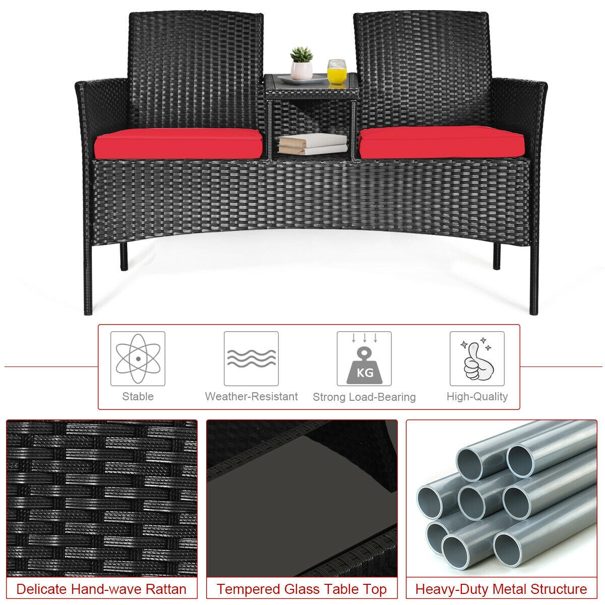 Juego de muebles de conversación para patio de mimbre con cojines extraíbles y mesa