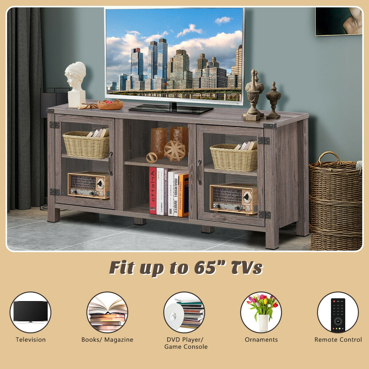 Mueble para TV y centro de entretenimiento para televisores de hasta 65 pulgadas con gabinetes de almacenamiento