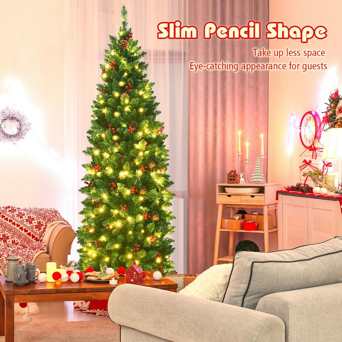 Árbol de Navidad estrecho preiluminado de 6.5 pies con bisagras
