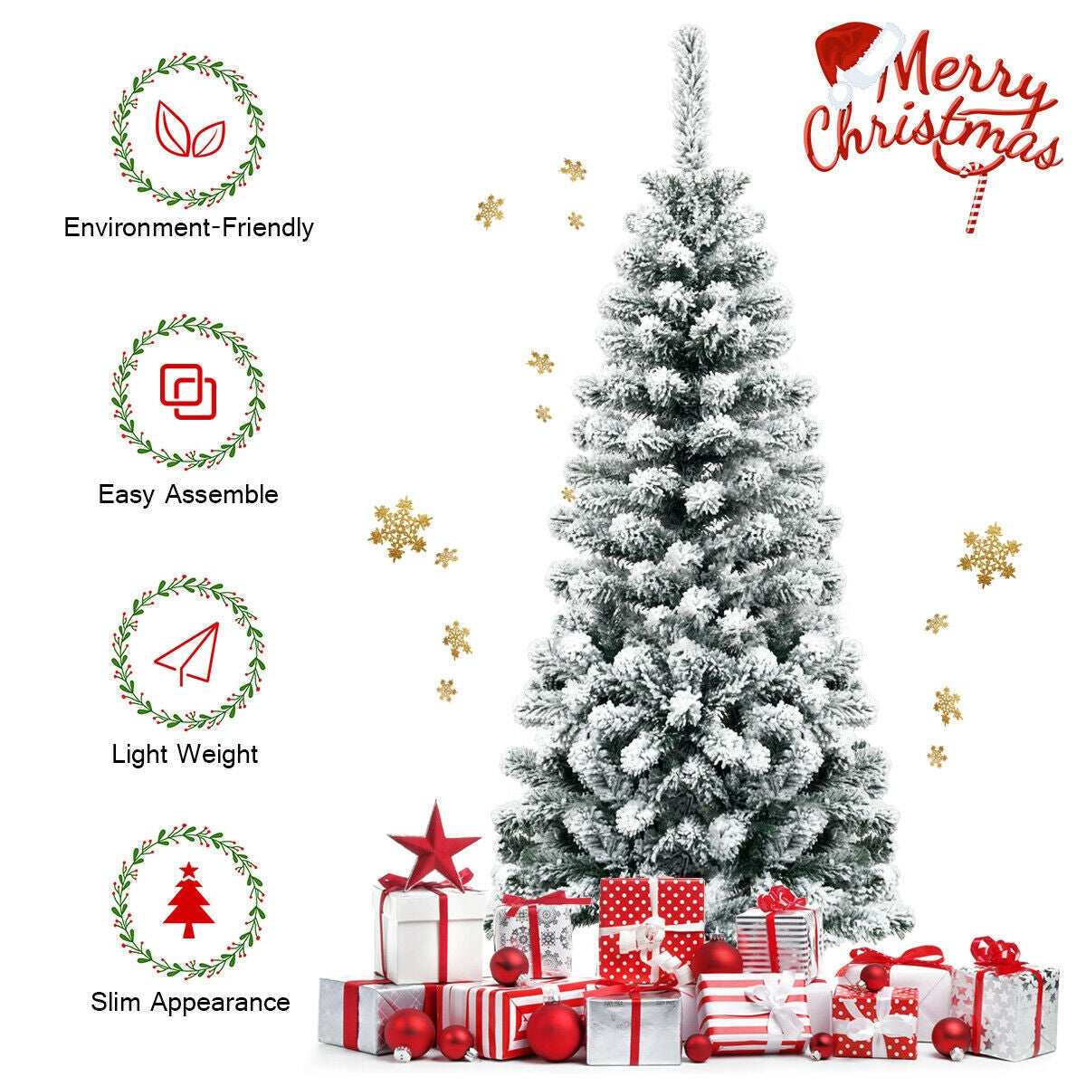 Árbol de Navidad artificial tipo lápiz con bisagras sin luz, cubierto de nieve, de 4.5 pies con 242 ramas