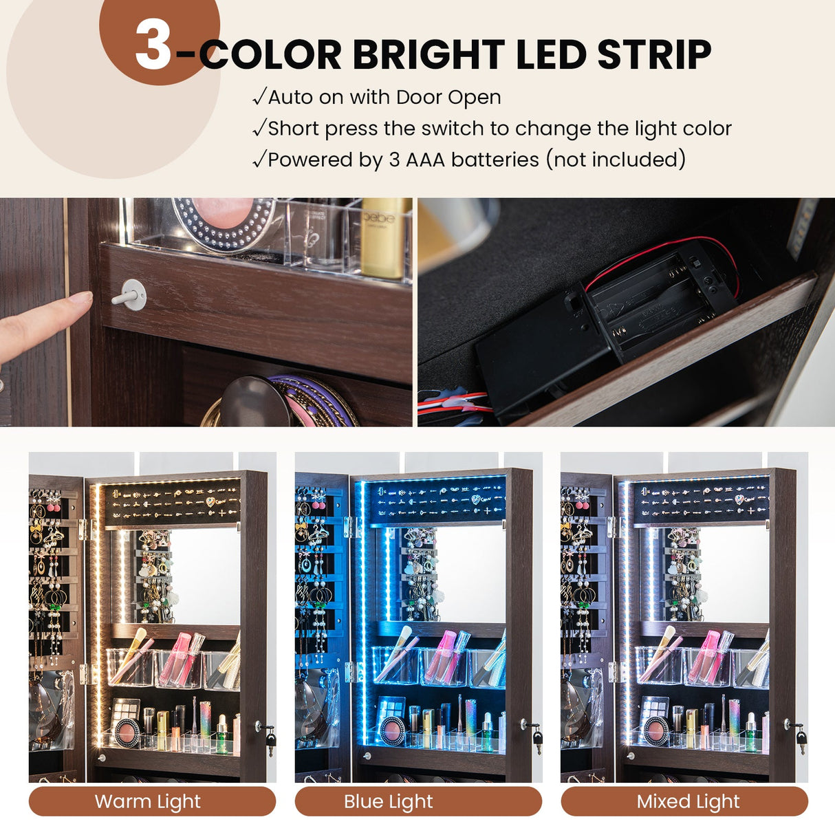 Joyero de pared con luces de 3 colores