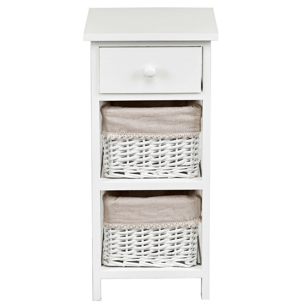Mesa auxiliar de noche para dormitorio con cajones y cestas, 2 unidades, color blanco