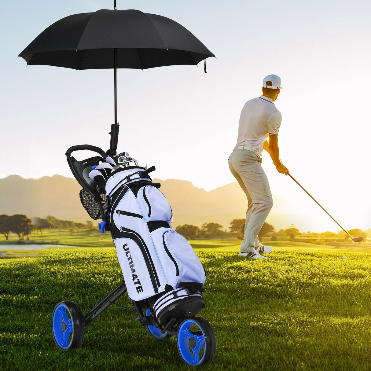Carro de golf plegable de 3 ruedas con freno, marcador y mango ajustable
