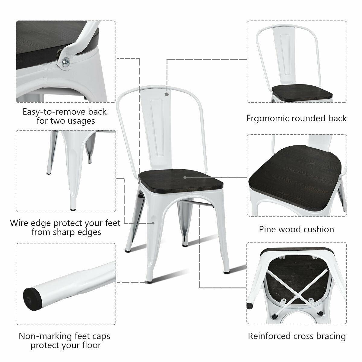 4 sillas de comedor metálicas apilables estilo Tolix con asiento de madera