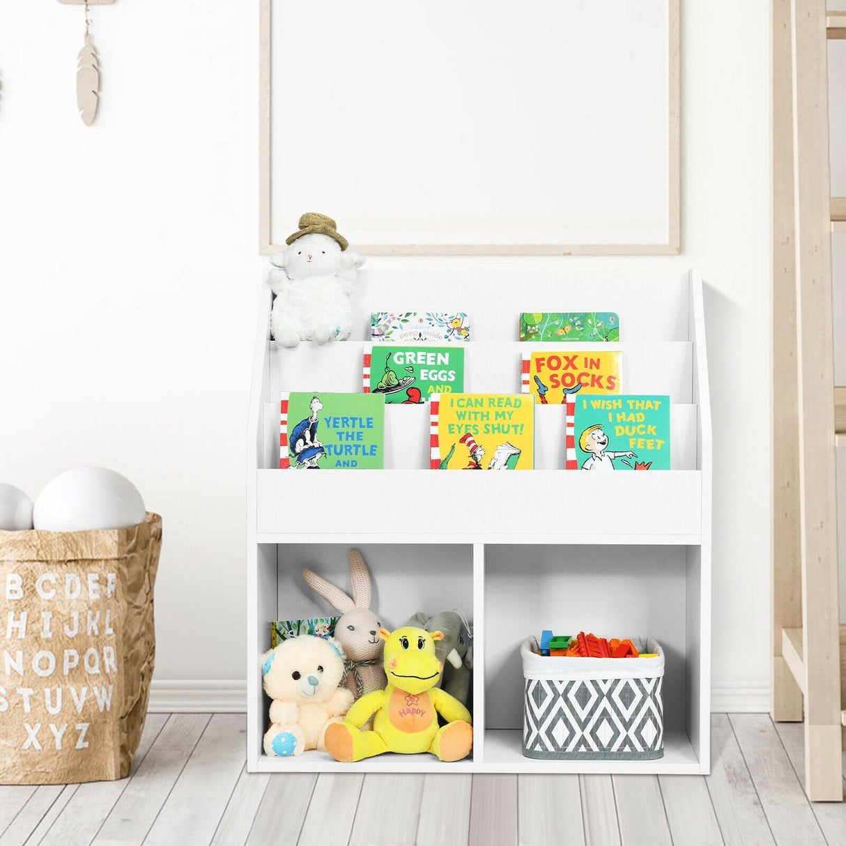 Estantería infantil de madera Estantería con almacenamiento de juguetes para niños Organizador - Blanca