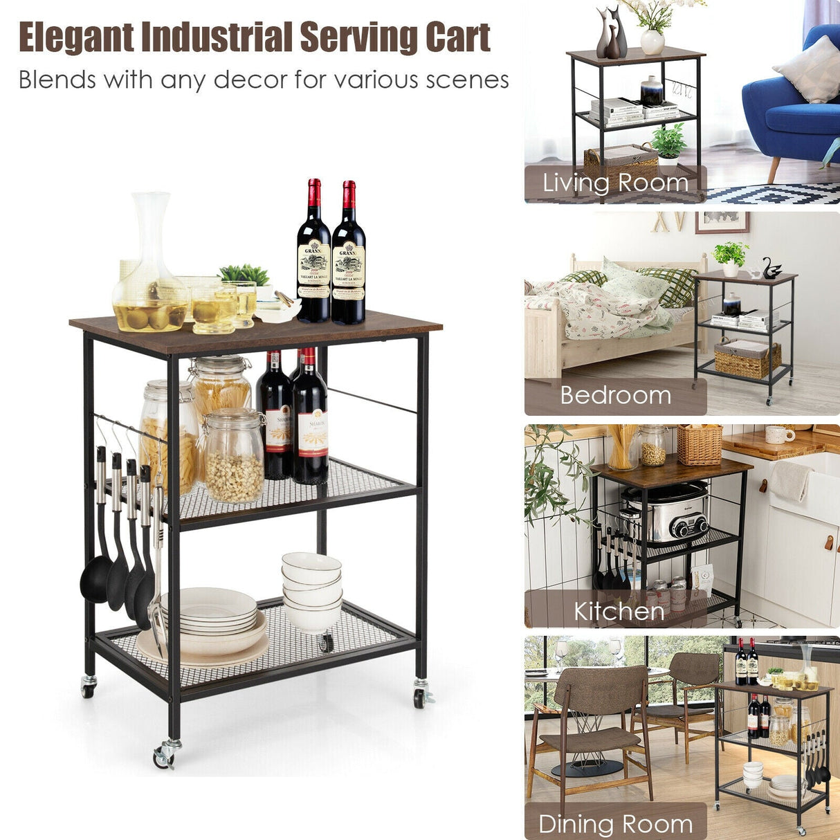Carrito de servicio de cocina de 3 niveles con ruedas, estante utilitario para microondas con ganchos
