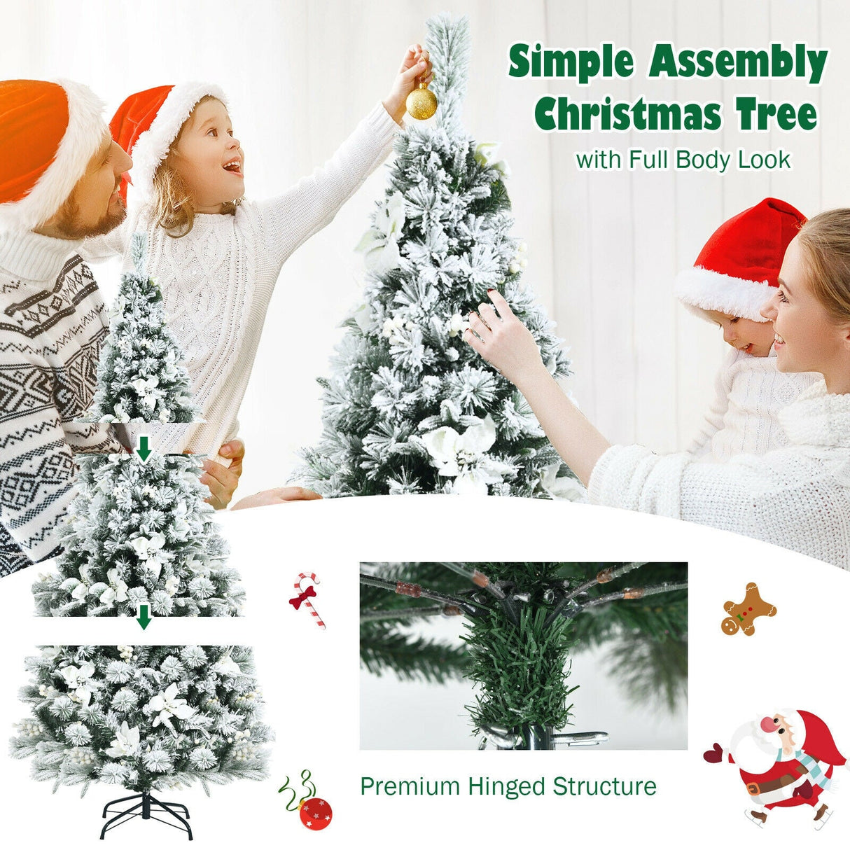 Árbol de Navidad Artificial de 1.83 m con Aspecto Nevado, Bisagras, Bayas y Flores de Pascua