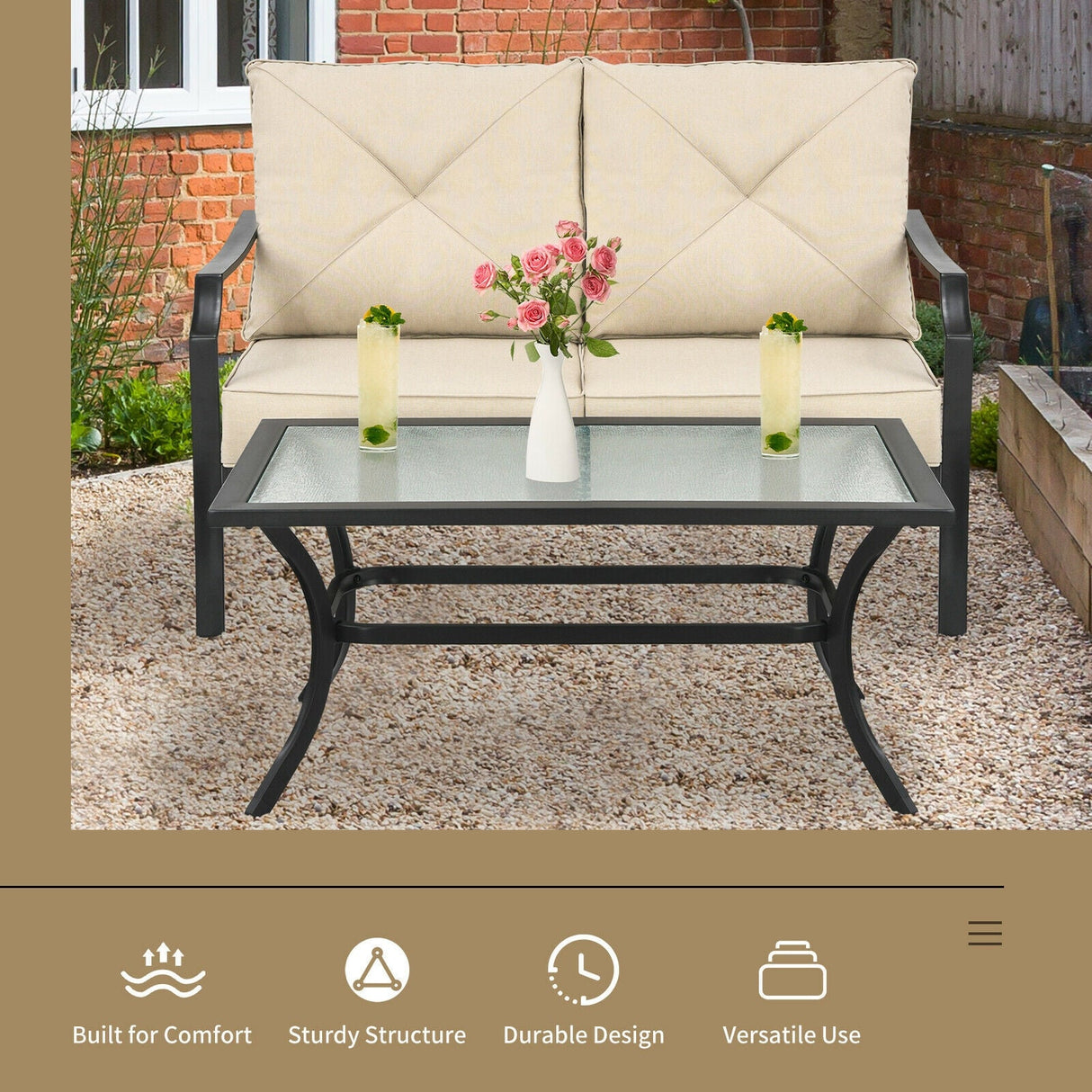 2 Pieces Patio Outdoor Cushioned Sofa Bench with Coffee Table-Beige