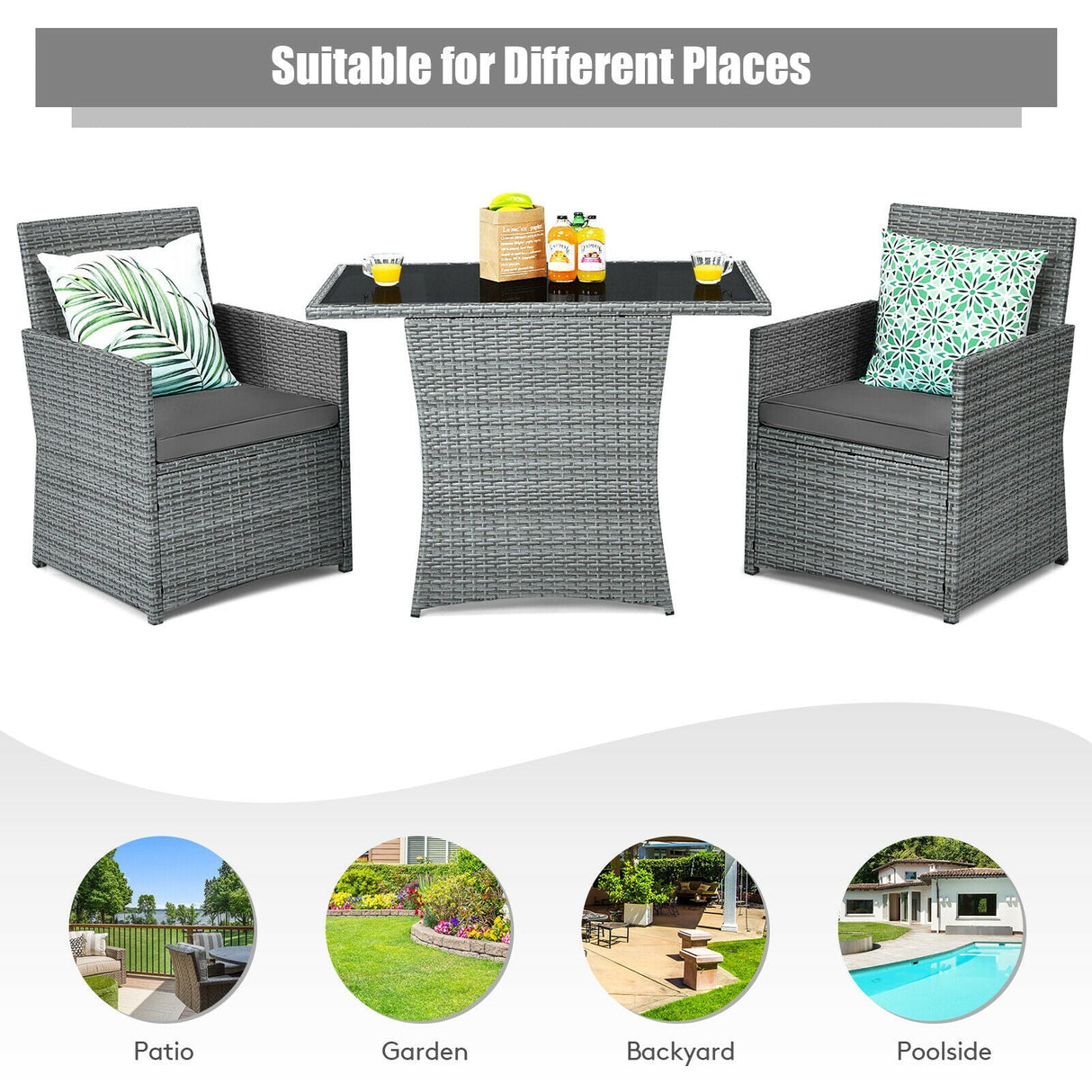 Juego de muebles de patio de ratán de 3 piezas con sofá de brazo acolchado
