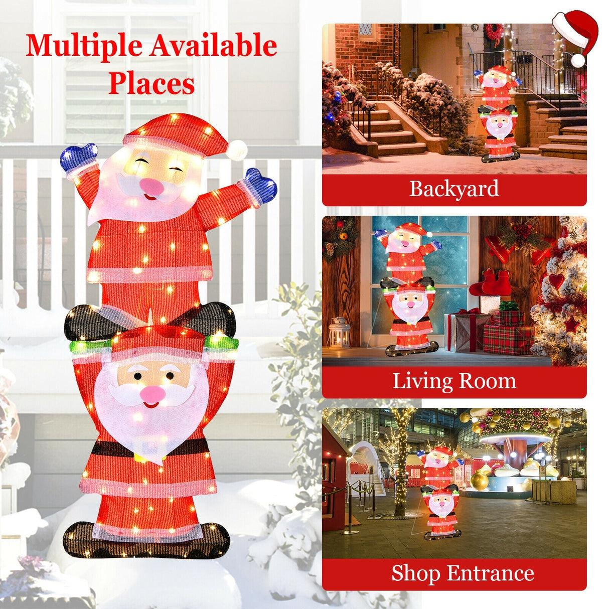 Decoración navideña doble de Papá Noel con luces de cadena y estacas para jardín con LED