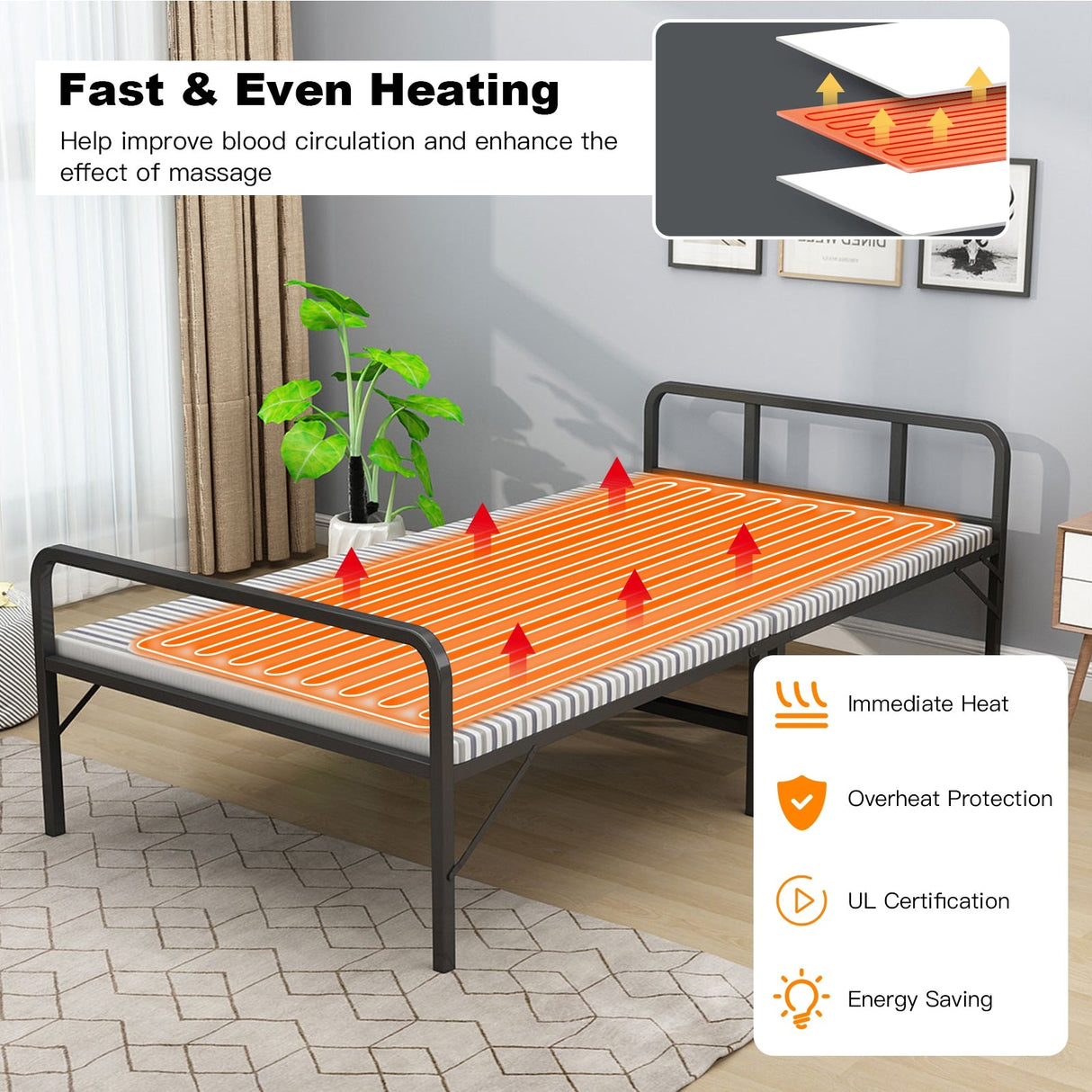 Calentador de cama de masaje de 71 x 31 pulgadas con almohadilla térmica con 5 configuraciones de calor
