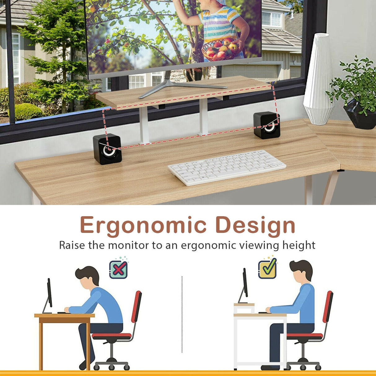 Mesa de escritorio para ordenador en forma de L reversible de 88,5 pulgadas con soporte para monitor