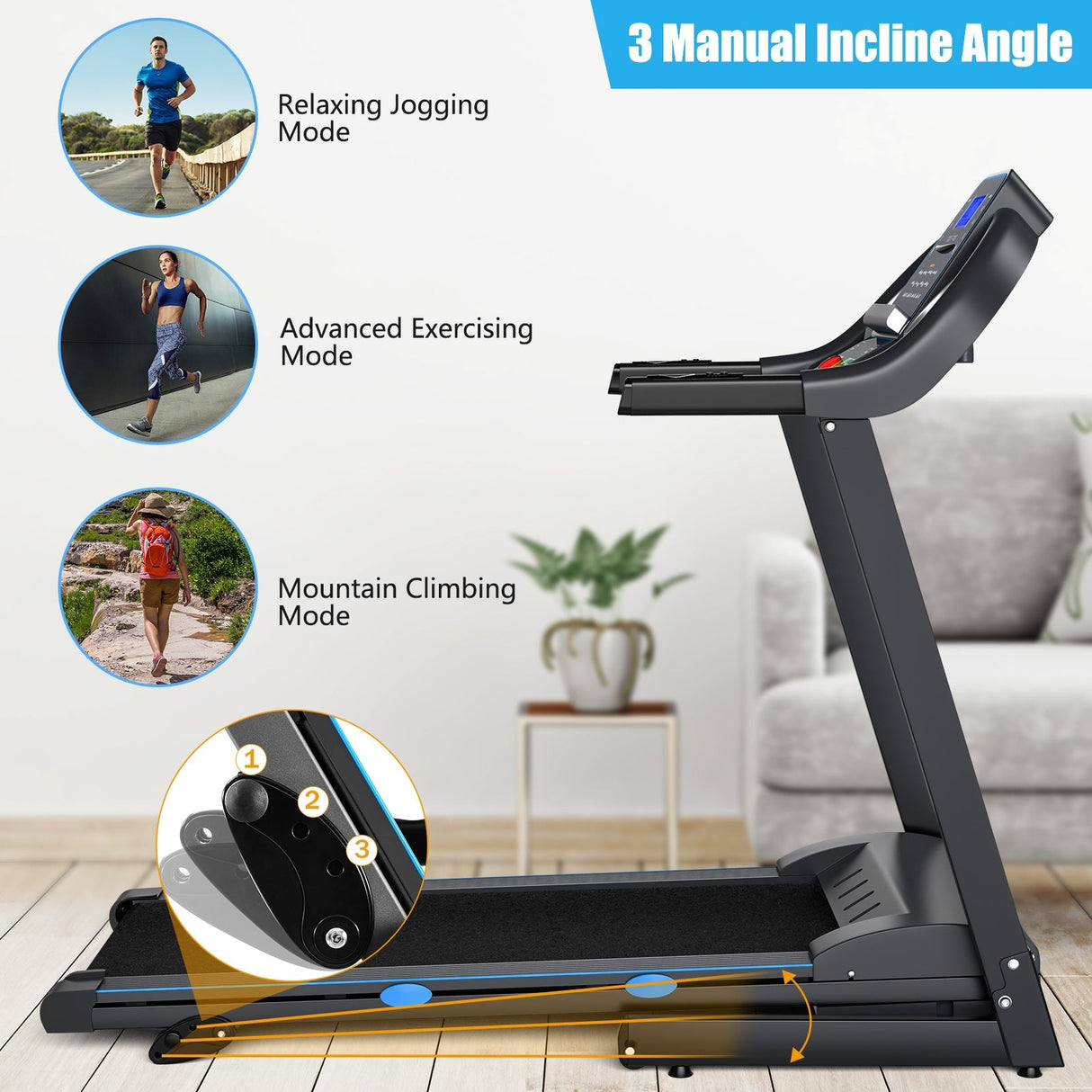 Cinta de correr eléctrica motorizada plegable de 2.25 HP con pantalla LCD retroiluminada azul