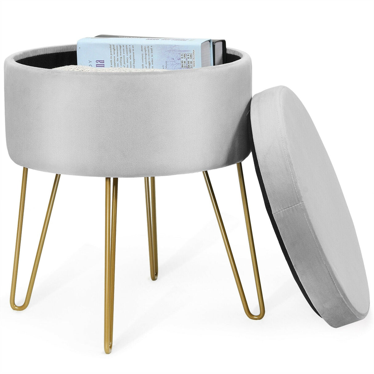 Taburete otomano redondo de terciopelo con almacenamiento, reposapiés, silla de tocador con patas de metal