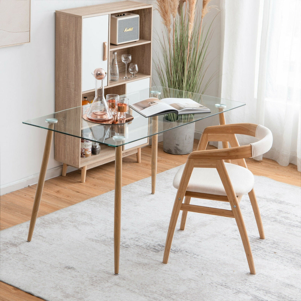 Mesa de comedor rectangular de cristal moderna con patas de metal