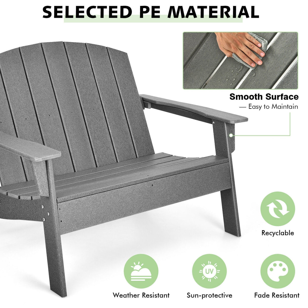Sillón Adirondack de patio de HDPE para porche, jardín, patio trasero - Gris