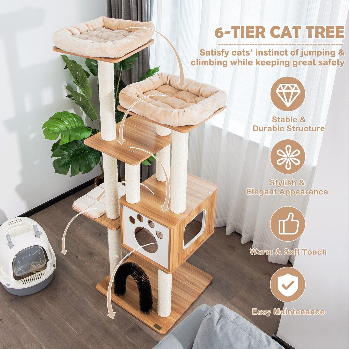 Árbol rascador para gatos de interior con plataforma y postes rascadores - Beige