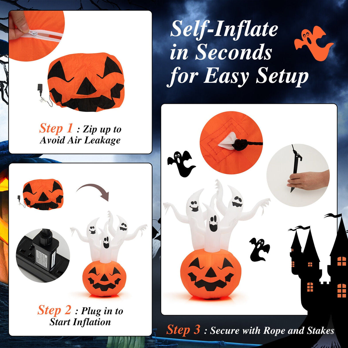 Fantasma inflable de Halloween de 6 pies con decoración de calabaza y lámpara giratoria