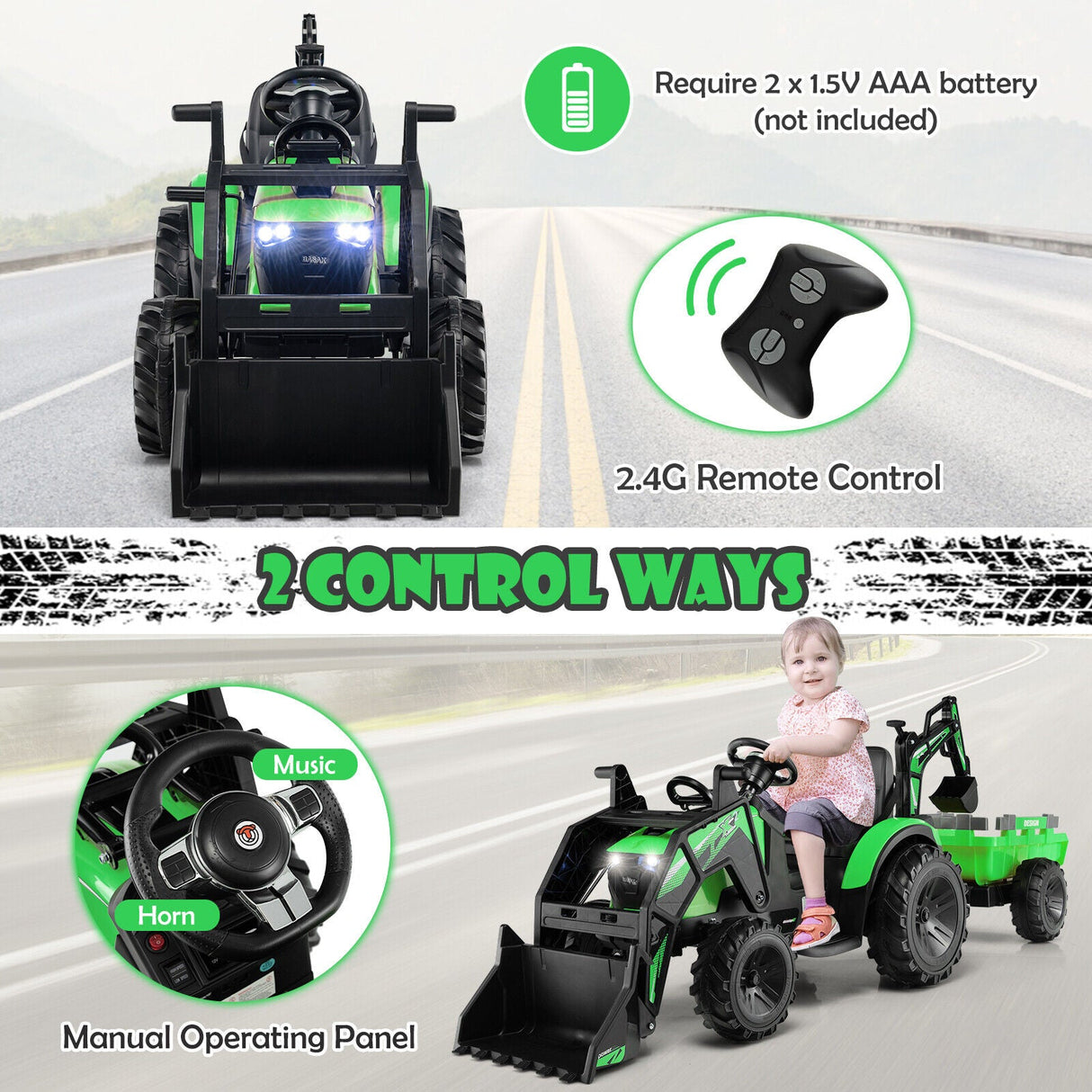 Excavadora montable para niños 3 en 1 de 12 V con pala y música