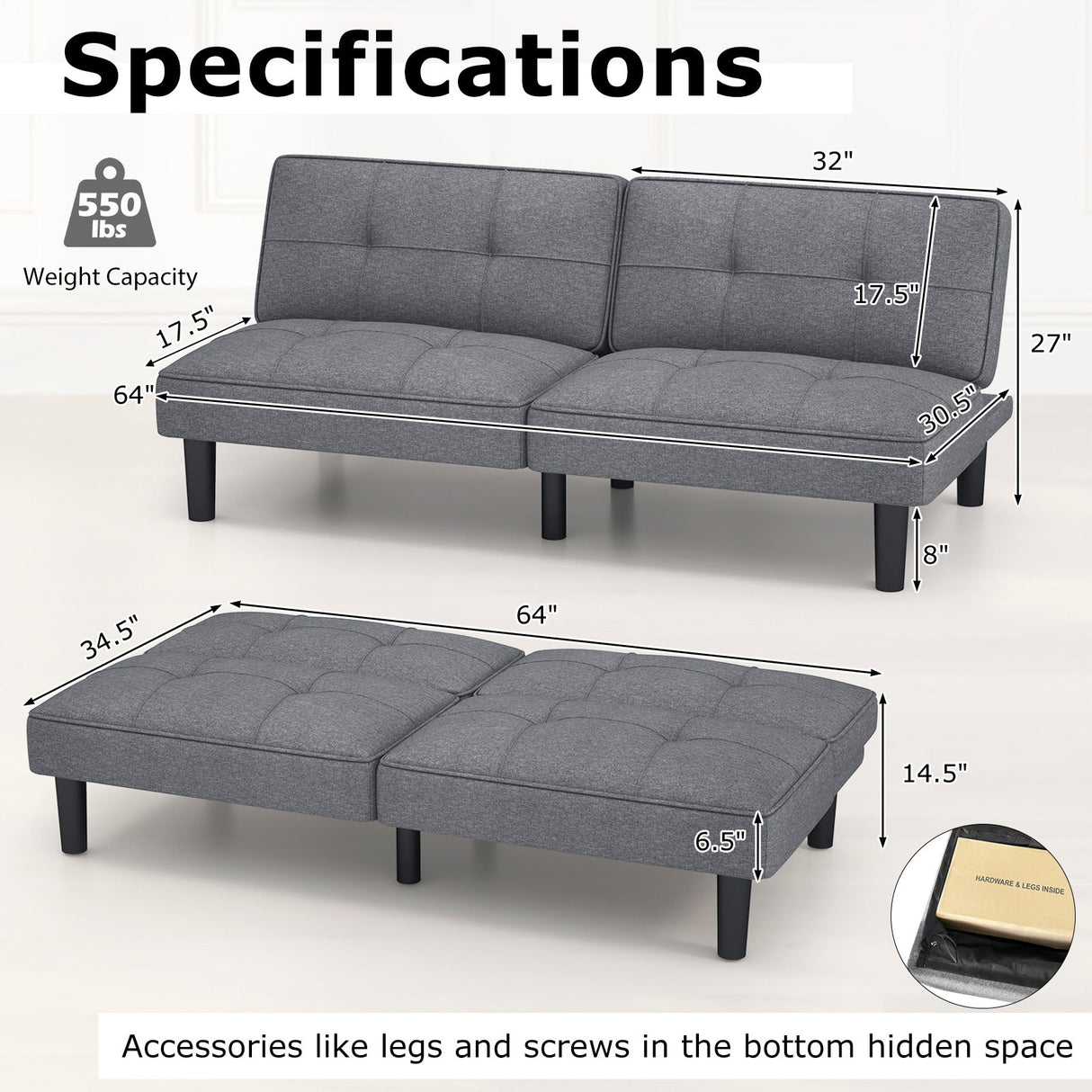 Sofá Cama Plegable Convertible Tipo Futón con Respaldo Ajustable en 6 Posiciones-Gris