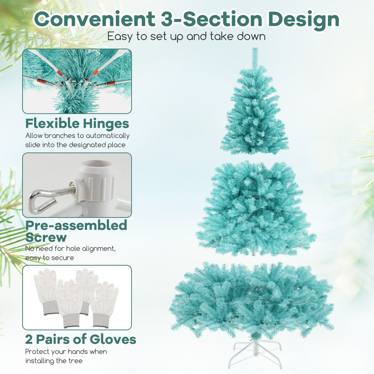 6/7 FT Blue Artificial Christmas Tree with 280/380 Warm White LED Lights and Foldable Metal Stand